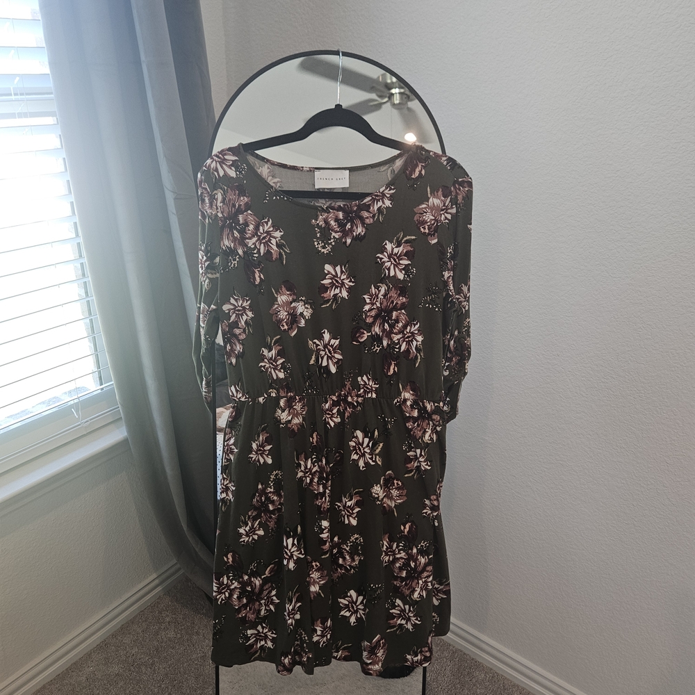 French Grey Floral Dress with Burgundy and Olive